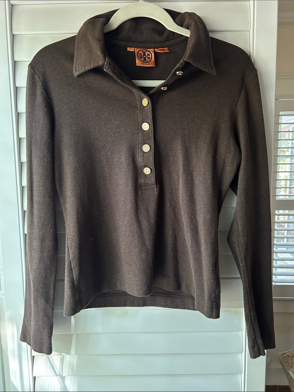 Tory Burch Chocolate Brown Long-Sleeve Polo Knit Top